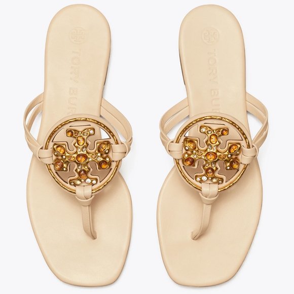 Tory Burch NIB Miller Jeweled Leather Thong Sandals Brie Cream Beige - Picture 4 of 15